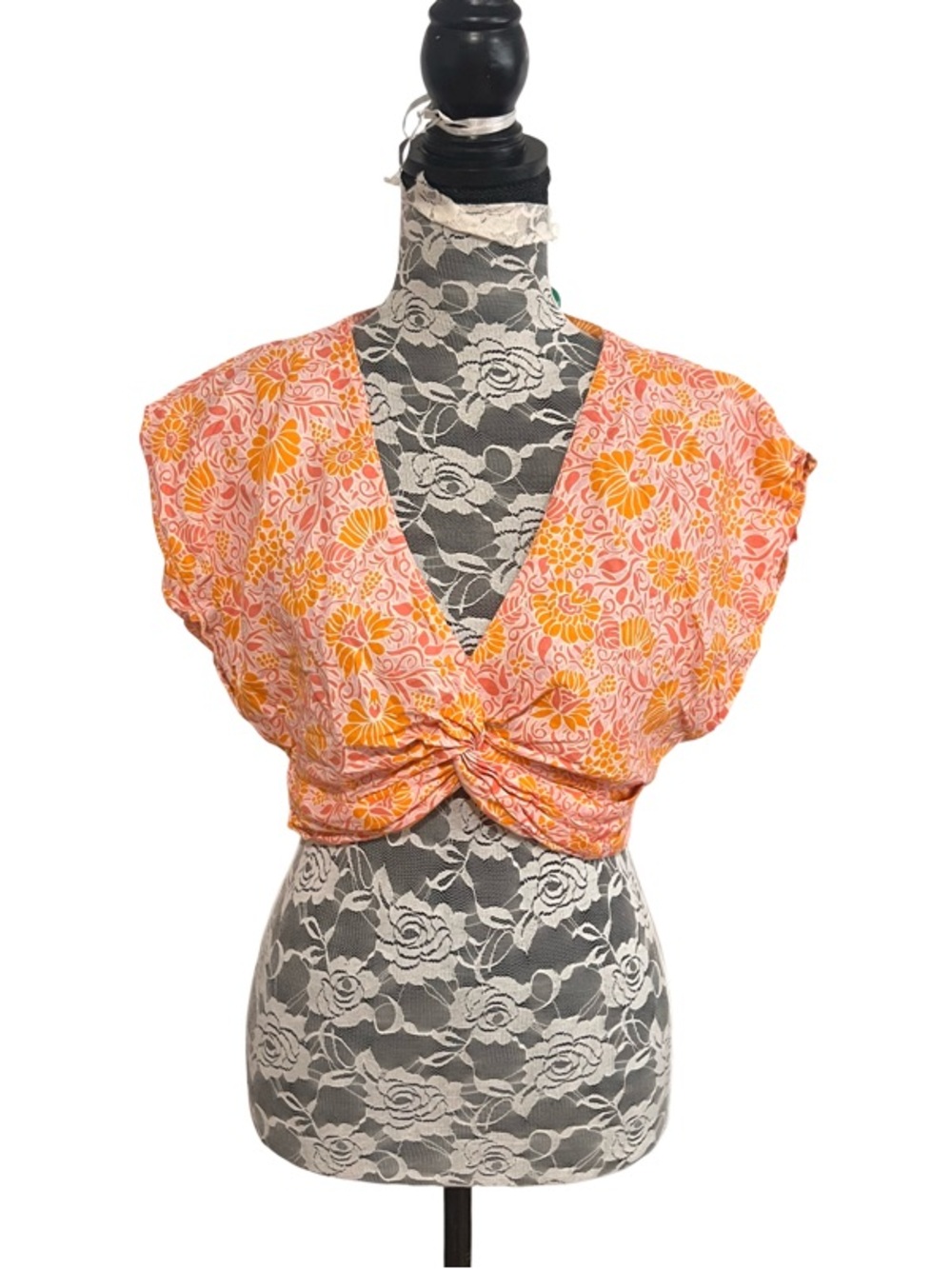 Zara Floral Twist-Front V-Neck Crop Top - Pink & Orange Size S